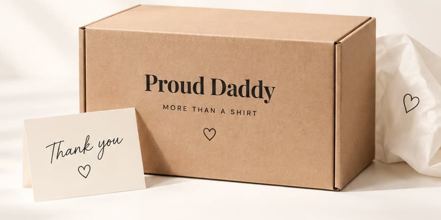 Proud Daddy shipping box with a handwritten thank you card